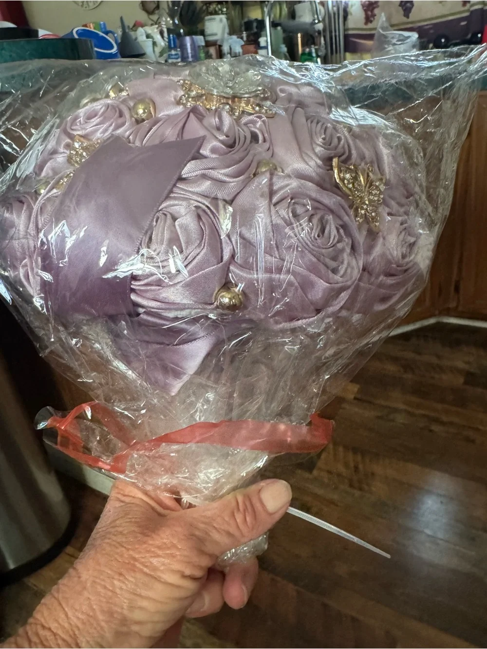 Satin Rose and Crystal Bridal Bouquet in Lavender by